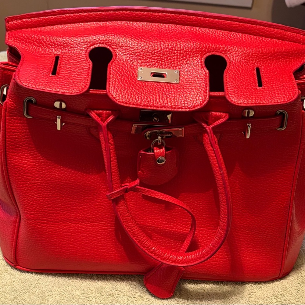 Red Pebbled Leather Structured Satchel Bag With Lock Detail